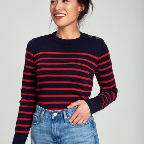 ARMOR-LUX Pull marin rayé « Briac » – laine mérinos Femme Rich navy/braise 5XL – 52