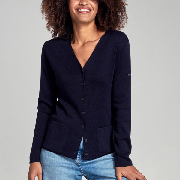 ARMOR-LUX Cardigan col V – laine et acrylique Femme Rich Navy 5XL – 52