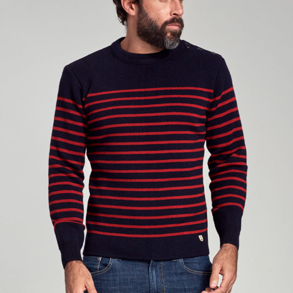 ARMOR-LUX Pull marin rayé "Molène" - laine Homme Navire/Piment 3XL