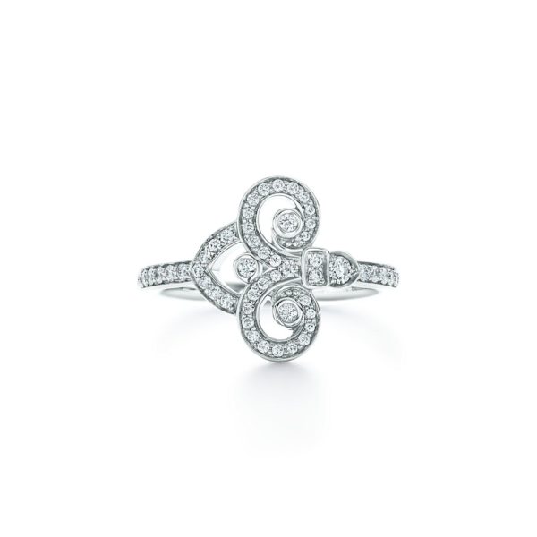 Bague Fleur de Lis Tiffany en platine 950 millièmes et diamants – Size 6 Tiffany & Co.