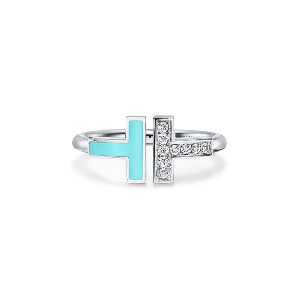 Bague Wire Tiffany T en or blanc 18 carats, turquoise et diamants – Size 5 Tiffany & Co.