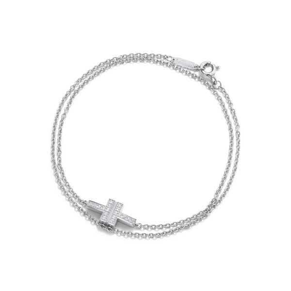 Bracelet double chaîne Tiffany T en or blanc 18 carats et diamants Large Tiffany & Co.