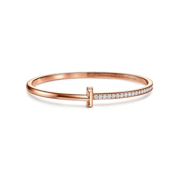 Bracelet jonc à charnière T1 Tiffany T en or rose 18 carats et diamants Étroit – Size Medium Tiffany & Co.