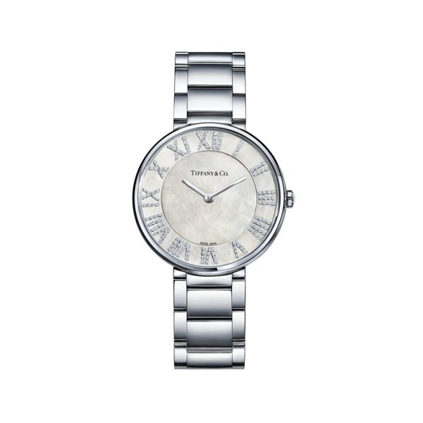 Montre Atlas 34 mm en acier inoxydable, diamants et nacre blanche Tiffany & Co.