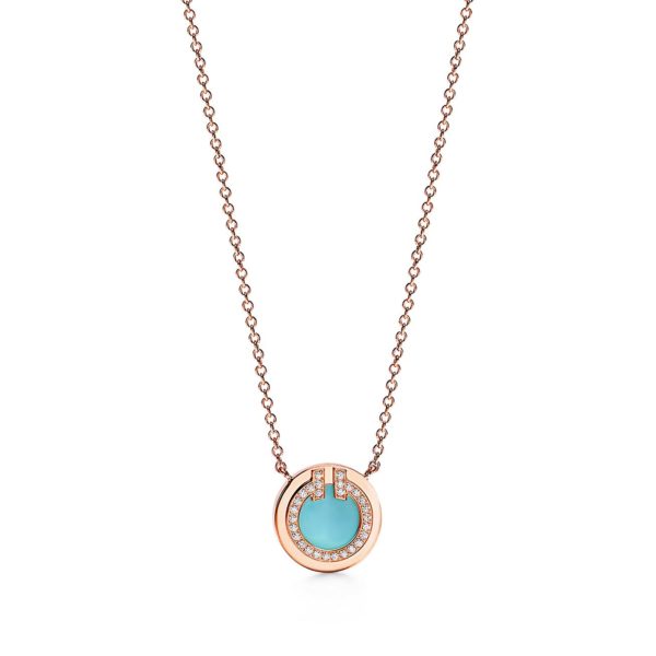Pendentif Cercle Tiffany T en or rose 18 carats, turquoise et diamants Small Tiffany & Co.