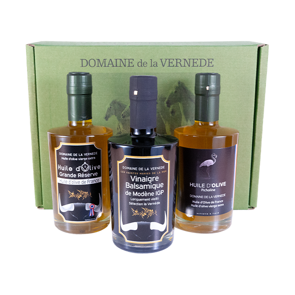 La Vernède Huile d’olives – Coffret Trio 2 Huiles -1 Vinaigre – 3 bouteilles de 350ml