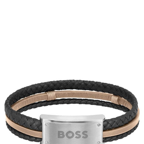 Bracelet en cuir noir et camel avec plaquette logo – Hugo Boss