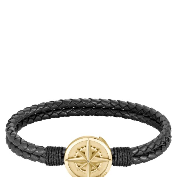 Bracelet tressé en cuir noir avec plaquette dorée motif boussole – Hugo Boss