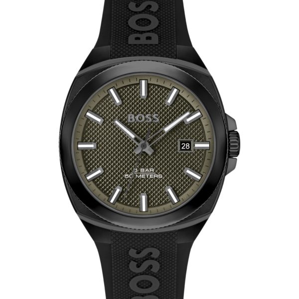 Montre à cadran guilloché couleur olive et bracelet logoté en silicone – Hugo Boss