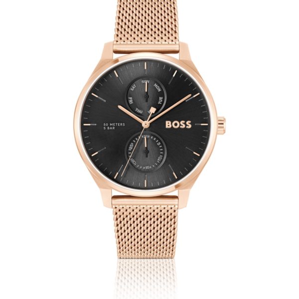 Montre à cadran noir et bracelet en maille milanaise or rose incarnat – Hugo Boss