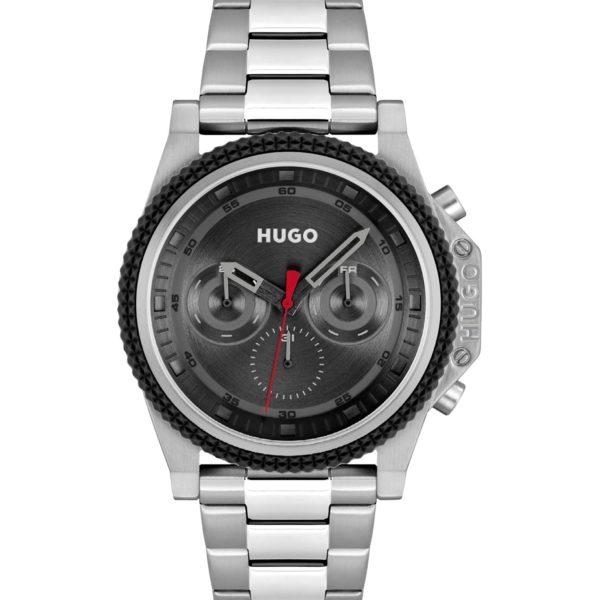 Montre à cadran noir, lunette en silicone et bracelet à maillons – Hugo Boss