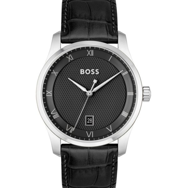 Montre avec bracelet en cuir et cadran noir à motif – Hugo Boss