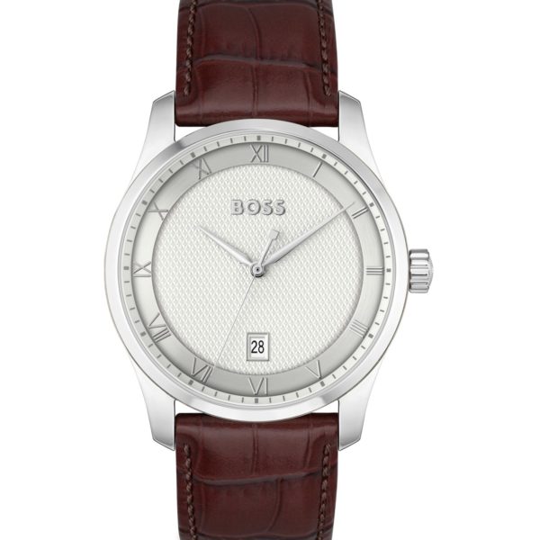 Montre avec cadran blanc argenté à motif et bracelet en cuir – Hugo Boss