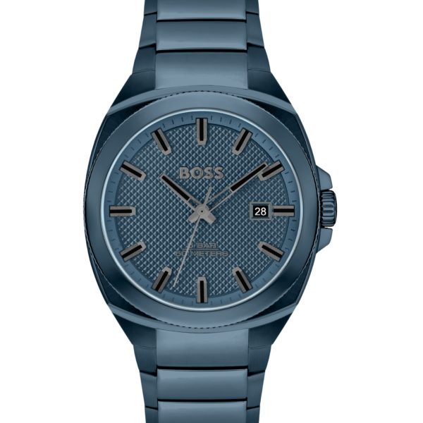 Montre bleue à cadran guilloché ton sur ton et bracelet à maillons – Hugo Boss