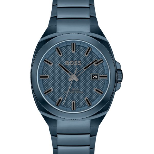 Montre bleue à cadran guilloché ton sur ton et bracelet à maillons – Hugo Boss