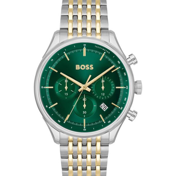 Montre chronographe à cadran vert et bracelet bicolore à maillons – Hugo Boss