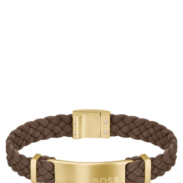 Bracelet tressé en cuir suédé marron avec plaquette logo – Hugo Boss