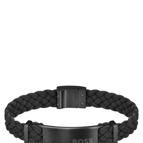 Bracelet tressé en cuir suédé noir avec plaquette logo – Hugo Boss