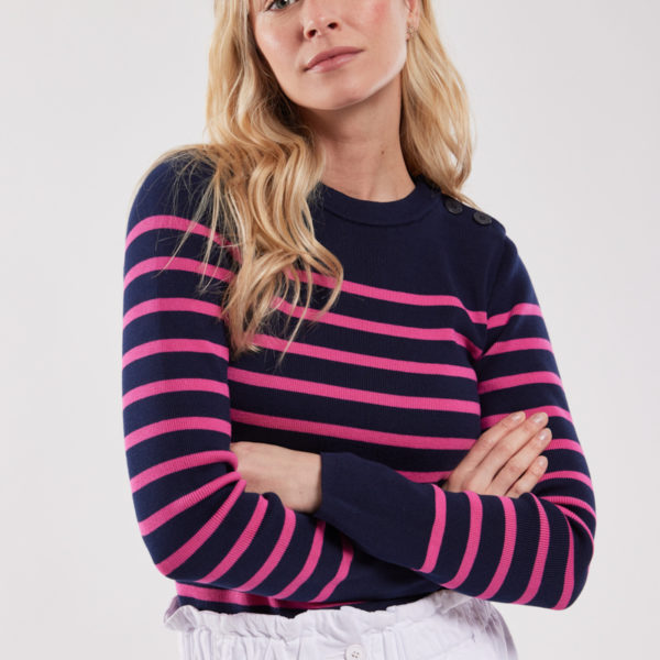 ARMOR-LUX Pull marin « Groix » – coton Femme Seal/Fucsia 2XL – 46