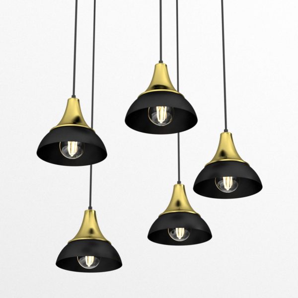 Euluna Suspension Maro noir/laiton à 5 lampes ronde Euluna