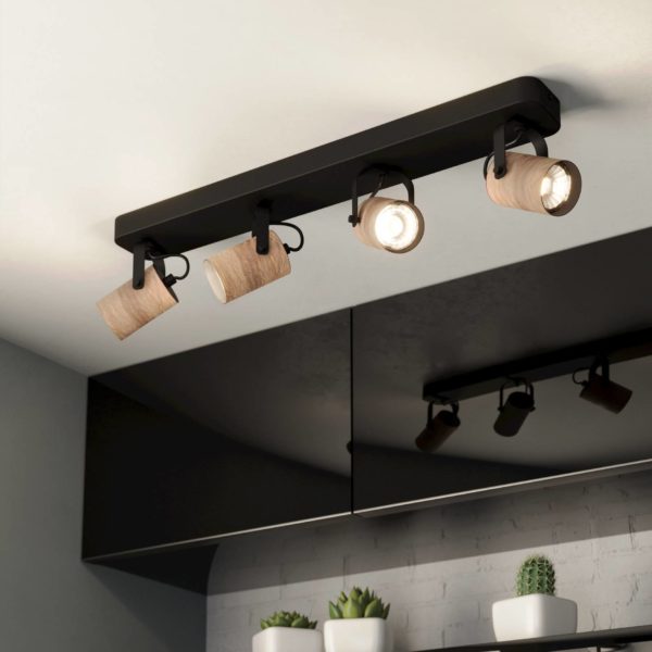 EGLO Spot pour plafond Cayuca, noir/décor bois, à quatre lampes EGLO