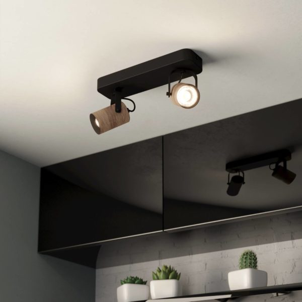 EGLO Spot pour plafond Cayuca, noir/décor bois, à deux lampes EGLO