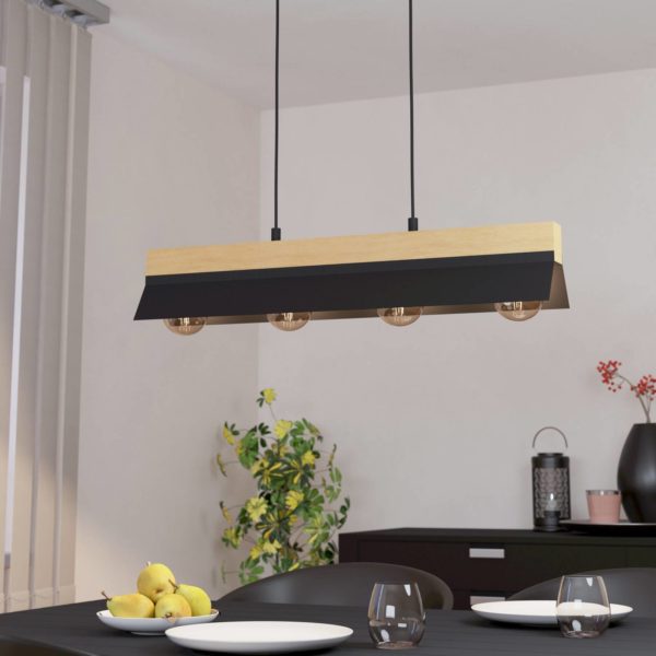 EGLO Suspension Tarrafo noir, bois naturel, 4 lampes EGLO