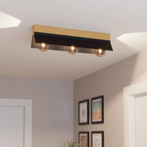 EGLO Plafonnier Tarrafo noir, bois naturel, à 3 lampes EGLO