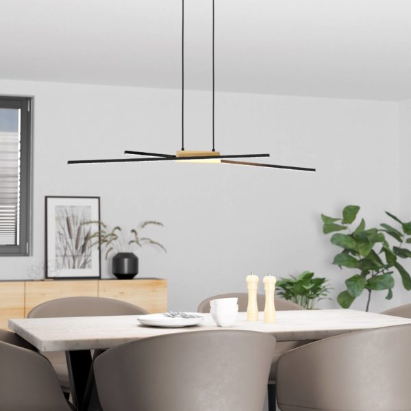 EGLO Suspension LED Panagria, noir avec détail en bois EGLO