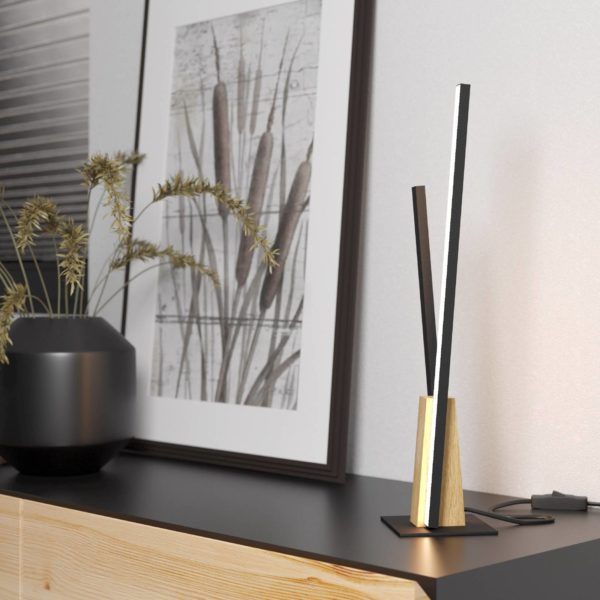 EGLO Lampe de table LED Panagria, noir avec détails en bois EGLO