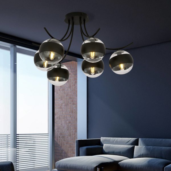 EMIBIG LIGHTING Plafonnier Boston, noir/clair, à 6 lampes EMIBIG LIGHTING