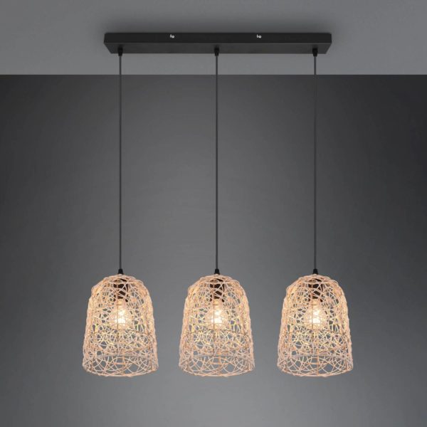 Reality Leuchten Suspension Lovis en rotin tressé, à trois lampes Reality Leuchten