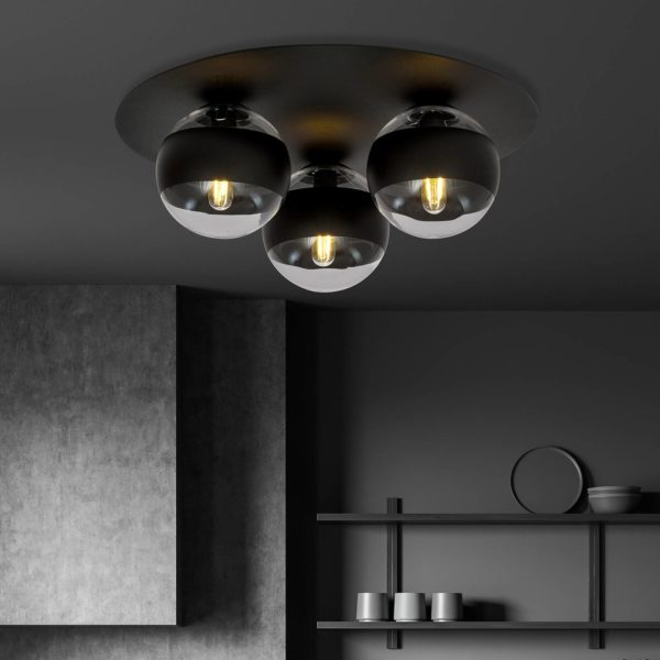 EMIBIG LIGHTING Plafonnier Kenzo, rond, noir/clair, à 3 lampes EMIBIG LIGHTING