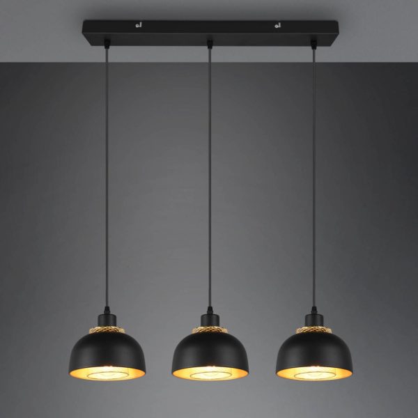Reality Leuchten Suspension Punch, noire/dorée, trois lampes Reality Leuchten