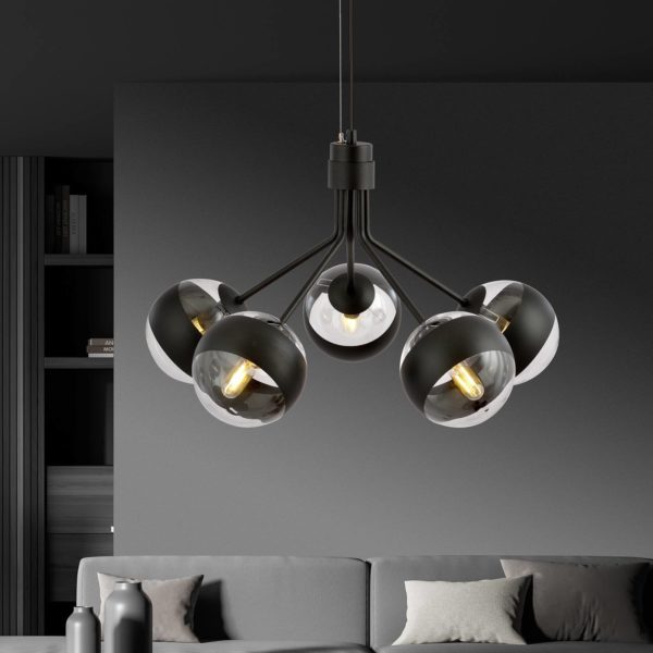 EMIBIG LIGHTING Suspension Nova, noir/clair, à cinq flammes EMIBIG LIGHTING