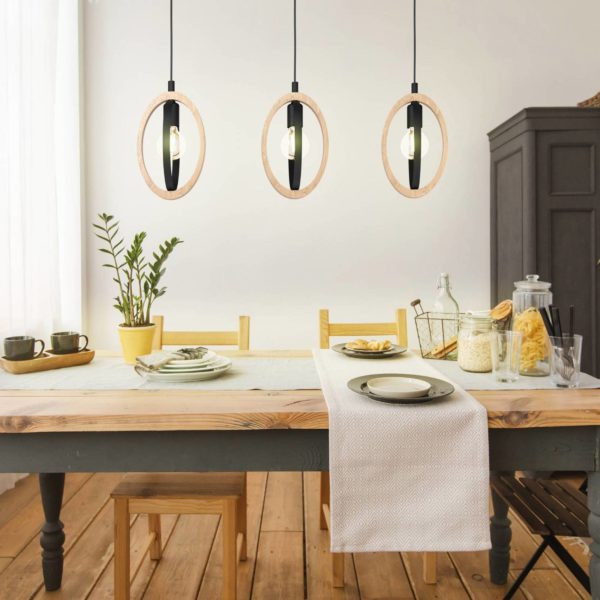 EGLO Suspension Basildon détails bois 3 lampes linéaire EGLO