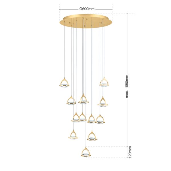 Orion Suspension LED Moon, cristal K9, 12 lampes dorée Orion