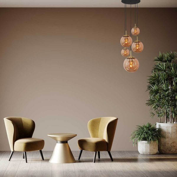 Steinhauer Suspension en verre Glsabol, laiton, à 5 lampes Steinhauer
