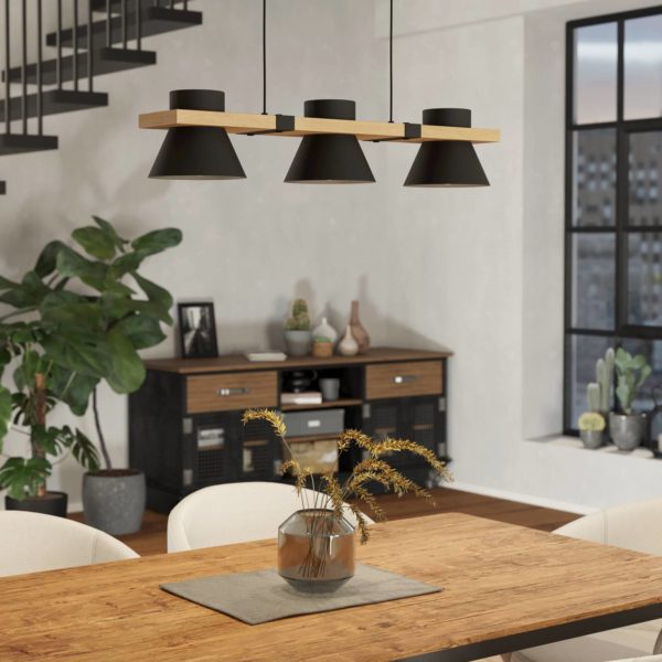 EGLO Suspension Maccles en noir avec bois, à 3 lampes EGLO