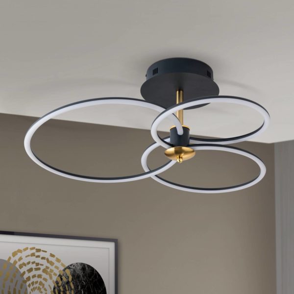 Orion Plafonnier LED Charlotte, 3 anneaux, noir/doré Orion
