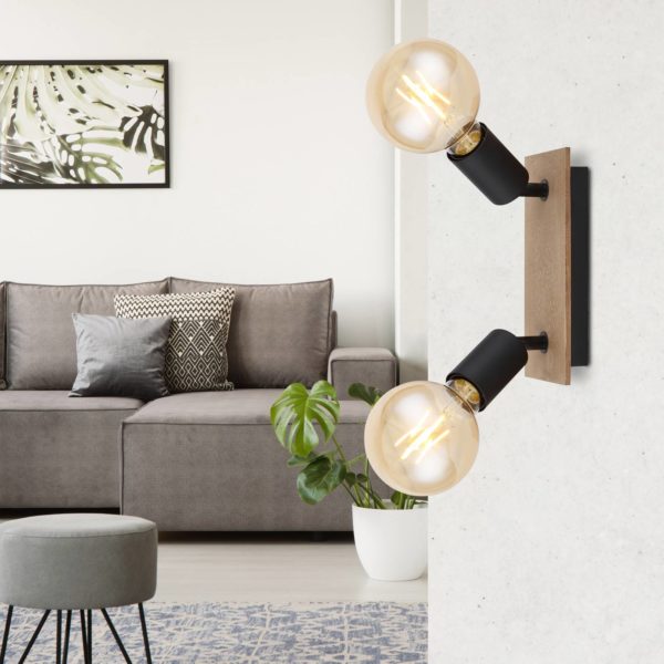 Globo Spot plafond Martha avec panneau bois, à 2 lampes Globo