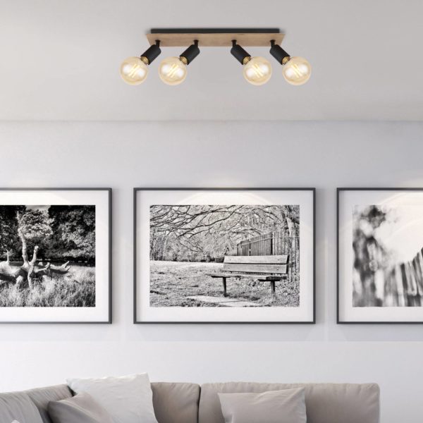Globo Plafonnier Martha avec panneau bois, à 4 lampes Globo