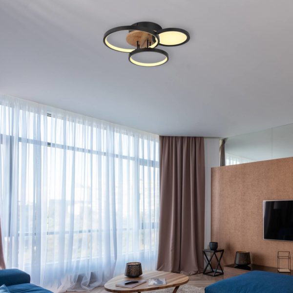 Globo Plafonnier LED Sid avec bois, à 4 lampes Globo