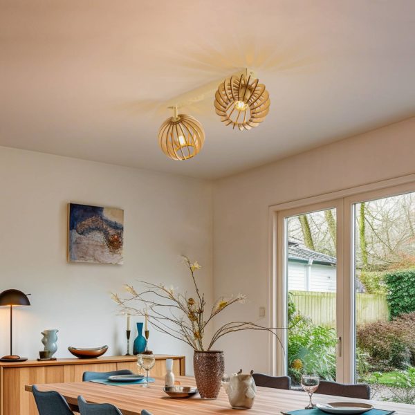 Argon Plafonnier Paz blanc lamelles bois, à 2 lampes Argon