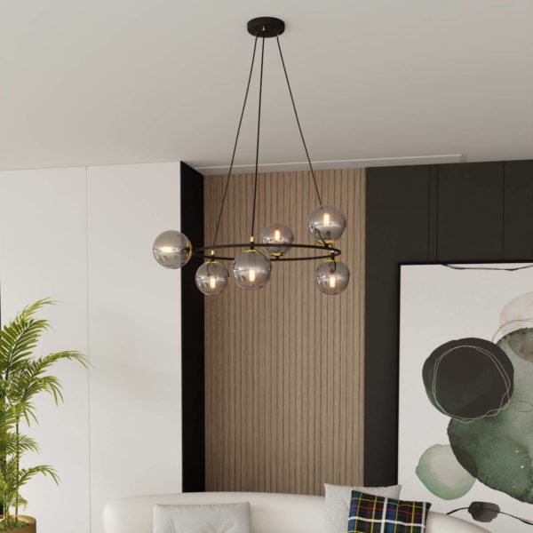 Euluna Suspension Glassy 6 lampes, ronde, verre graphite Euluna