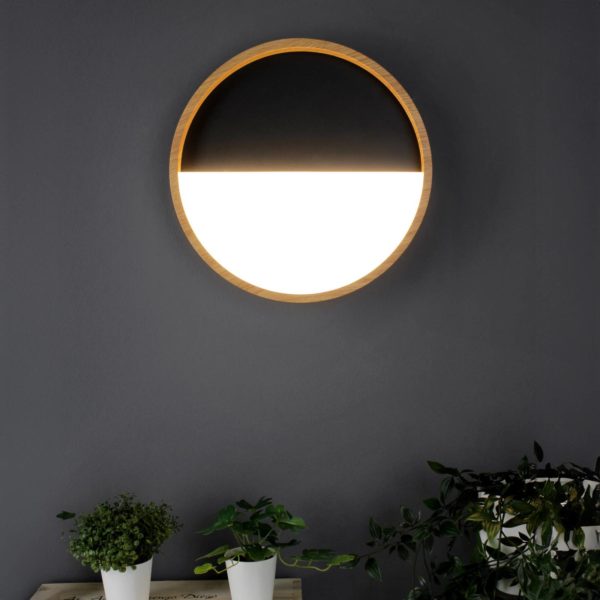 Eco-Light Applique murale LED Vista, noir/bois clair, Ø 30 cm Eco-Light