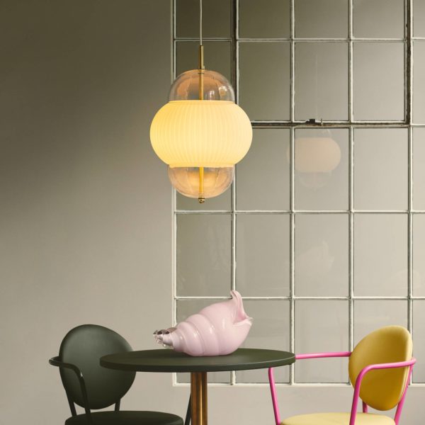 DESIGN BY US Suspension Shahin XL, Ø 38 cm, à 5 lampes, blanc / transparent, verre DESIGN BY US