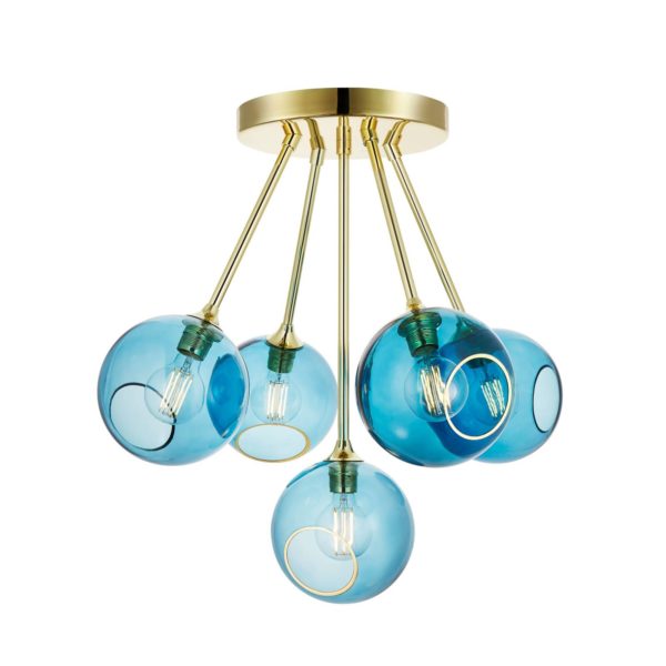 DESIGN BY US Plafonnier Ballroom Molecule, bleu, verre, à 5 lampes DESIGN BY US
