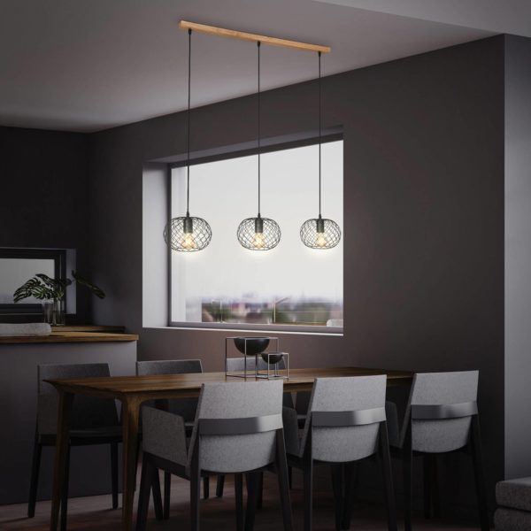 Briloner Suspension Winki Vintage, noire/bois, à 3 lampes Briloner