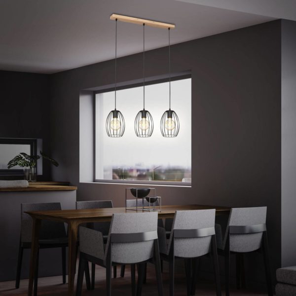 Briloner Suspension Waktu Vintage, noire/bois, à 3 lampes Briloner